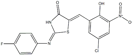 5-{5-chloro-2-hydroxy-3-nitrobenzylidene}-2-[(4-fluorophenyl)imino]-1,3-thiazolidin-4-one Struktur