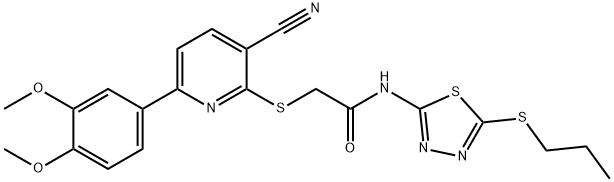 2-{[3-cyano-6-(3,4-dimethoxyphenyl)pyridin-2-yl]sulfanyl}-N-[5-(propylsulfanyl)-1,3,4-thiadiazol-2-yl]acetamide Structure