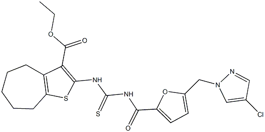 ethyl 2-{[({5-[(4-chloro-1H-pyrazol-1-yl)methyl]-2-furoyl}amino)carbothioyl]amino}-5,6,7,8-tetrahydro-4H-cyclohepta[b]thiophene-3-carboxylate Struktur