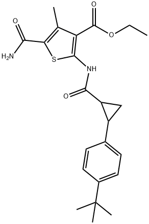 ethyl 5-(aminocarbonyl)-2-({[2-(4-tert-butylphenyl)cyclopropyl]carbonyl}amino)-4-methyl-3-thiophenecarboxylate Struktur