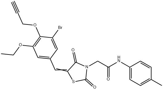 2-{5-[3-bromo-5-ethoxy-4-(2-propynyloxy)benzylidene]-2,4-dioxo-1,3-thiazolidin-3-yl}-N-(4-methylphenyl)acetamide Struktur
