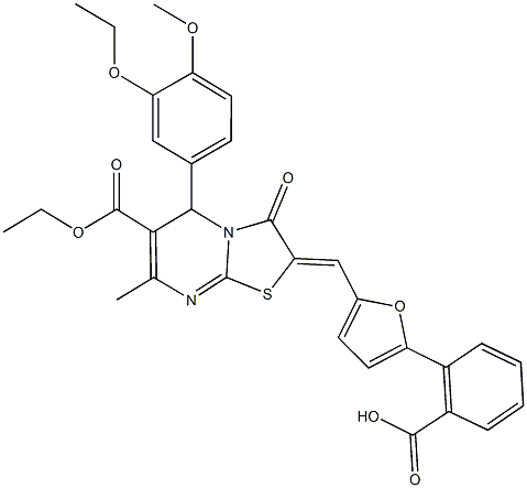2-{5-[(6-(ethoxycarbonyl)-5-(3-ethoxy-4-methoxyphenyl)-7-methyl-3-oxo-5H-[1,3]thiazolo[3,2-a]pyrimidin-2(3H)-ylidene)methyl]-2-furyl}benzoic acid Struktur