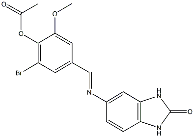 2-bromo-6-methoxy-4-{[(2-oxo-2,3-dihydro-1H-benzimidazol-5-yl)imino]methyl}phenyl acetate Struktur
