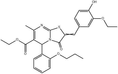 ethyl 2-(3-ethoxy-4-hydroxybenzylidene)-7-methyl-3-oxo-5-(2-propoxyphenyl)-2,3-dihydro-5H-[1,3]thiazolo[3,2-a]pyrimidine-6-carboxylate Struktur
