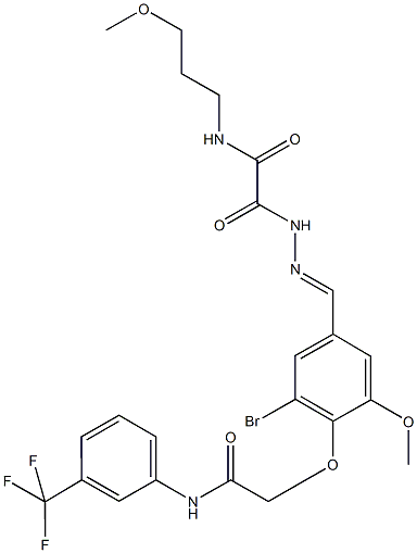 2-[2-(3-bromo-5-methoxy-4-{2-oxo-2-[3-(trifluoromethyl)anilino]ethoxy}benzylidene)hydrazino]-N-(3-methoxypropyl)-2-oxoacetamide Struktur