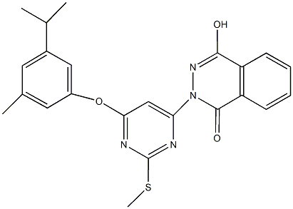 4-hydroxy-2-[6-(3-isopropyl-5-methylphenoxy)-2-(methylsulfanyl)-4-pyrimidinyl]-1(2H)-phthalazinone Struktur