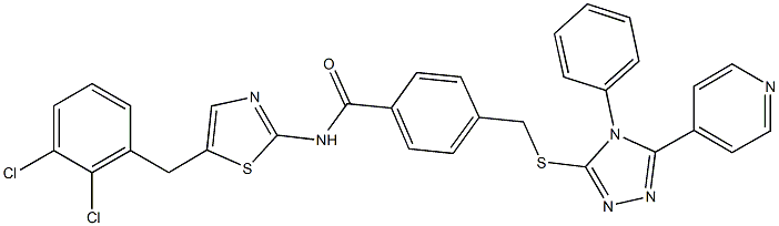 N-[5-(2,3-dichlorobenzyl)-1,3-thiazol-2-yl]-4-({[4-phenyl-5-(4-pyridinyl)-4H-1,2,4-triazol-3-yl]sulfanyl}methyl)benzamide Struktur