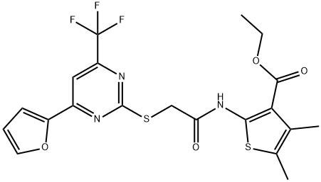 ethyl 2-[({[4-(2-furyl)-6-(trifluoromethyl)-2-pyrimidinyl]sulfanyl}acetyl)amino]-4,5-dimethyl-3-thiophenecarboxylate Struktur