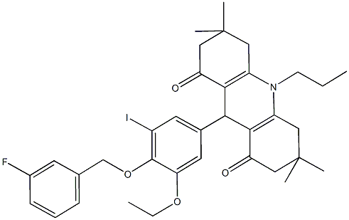 9-{3-ethoxy-4-[(3-fluorobenzyl)oxy]-5-iodophenyl}-3,3,6,6-tetramethyl-10-propyl-3,4,6,7,9,10-hexahydro-1,8(2H,5H)-acridinedione Struktur
