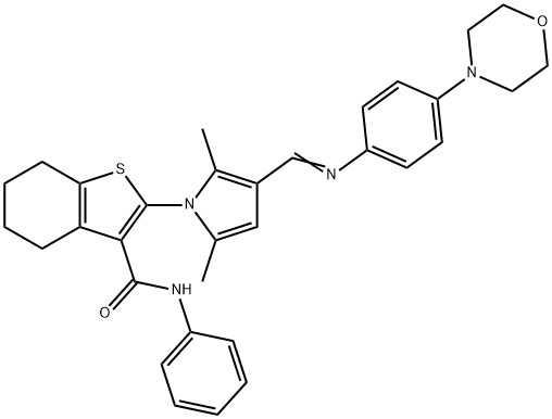 2-[2,5-dimethyl-3-({[4-(4-morpholinyl)phenyl]imino}methyl)-1H-pyrrol-1-yl]-N-phenyl-4,5,6,7-tetrahydro-1-benzothiophene-3-carboxamide Struktur
