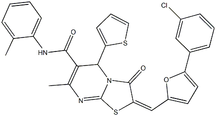 2-{[5-(3-chlorophenyl)-2-furyl]methylene}-7-methyl-N-(2-methylphenyl)-3-oxo-5-(2-thienyl)-2,3-dihydro-5H-[1,3]thiazolo[3,2-a]pyrimidine-6-carboxamide Struktur