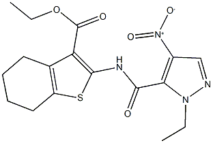 ethyl 2-[({1-ethyl-4-nitro-1H-pyrazol-5-yl}carbonyl)amino]-4,5,6,7-tetrahydro-1-benzothiophene-3-carboxylate Struktur
