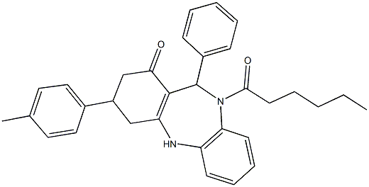 10-hexanoyl-3-(4-methylphenyl)-11-phenyl-2,3,4,5,10,11-hexahydro-1H-dibenzo[b,e][1,4]diazepin-1-one Struktur