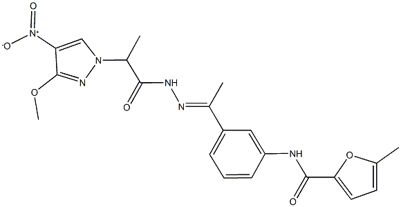 N-{3-[N-(2-{4-nitro-3-methoxy-1H-pyrazol-1-yl}propanoyl)ethanehydrazonoyl]phenyl}-5-methyl-2-furamide Structure