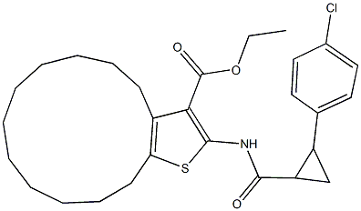 ethyl 2-({[2-(4-chlorophenyl)cyclopropyl]carbonyl}amino)-5,6,7,8,9,10,11,12,13,14-decahydro-4H-cyclotrideca[b]thiophene-3-carboxylate Struktur