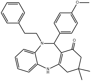 11-(4-methoxyphenyl)-3,3-dimethyl-10-(2-phenylethyl)-2,3,4,5,10,11-hexahydro-1H-dibenzo[b,e][1,4]diazepin-1-one Struktur