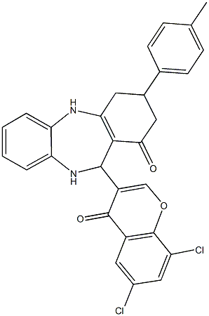 11-(6,8-dichloro-4-oxo-4H-chromen-3-yl)-3-(4-methylphenyl)-2,3,4,5,10,11-hexahydro-1H-dibenzo[b,e][1,4]diazepin-1-one Struktur