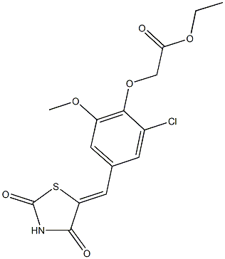 ethyl {2-chloro-4-[(2,4-dioxo-1,3-thiazolidin-5-ylidene)methyl]-6-methoxyphenoxy}acetate Struktur