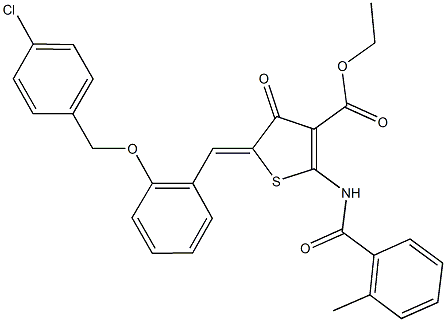 ethyl 5-{2-[(4-chlorobenzyl)oxy]benzylidene}-2-[(2-methylbenzoyl)amino]-4-oxo-4,5-dihydro-3-thiophenecarboxylate Struktur