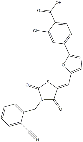 2-chloro-4-(5-{[3-(2-cyanobenzyl)-2,4-dioxo-1,3-thiazolidin-5-ylidene]methyl}-2-furyl)benzoic acid Structure