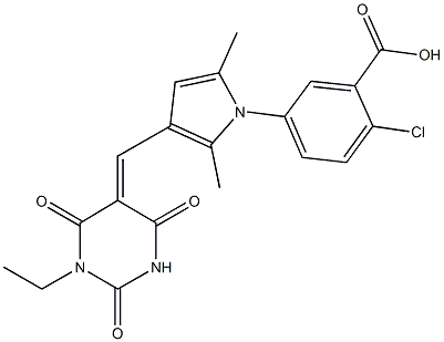 2-chloro-5-{3-[(1-ethyl-2,4,6-trioxotetrahydro-5(2H)-pyrimidinylidene)methyl]-2,5-dimethyl-1H-pyrrol-1-yl}benzoic acid Struktur