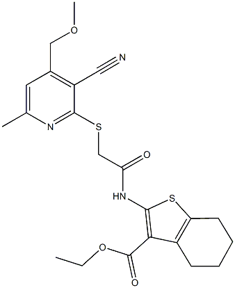 ethyl 2-[({[3-cyano-4-(methoxymethyl)-6-methyl-2-pyridinyl]sulfanyl}acetyl)amino]-4,5,6,7-tetrahydro-1-benzothiophene-3-carboxylate Struktur