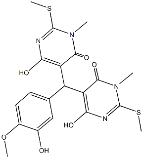 6-hydroxy-5-{(3-hydroxy-4-methoxyphenyl)[4-hydroxy-1-methyl-2-(methylsulfanyl)-6-oxo-1,6-dihydro-5-pyrimidinyl]methyl}-3-methyl-2-(methylsulfanyl)-4(3H)-pyrimidinone Struktur