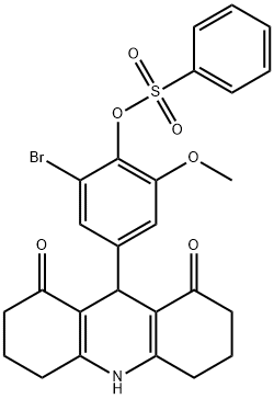 2-bromo-4-(1,8-dioxo-1,2,3,4,5,6,7,8,9,10-decahydro-9-acridinyl)-6-methoxyphenyl benzenesulfonate Struktur