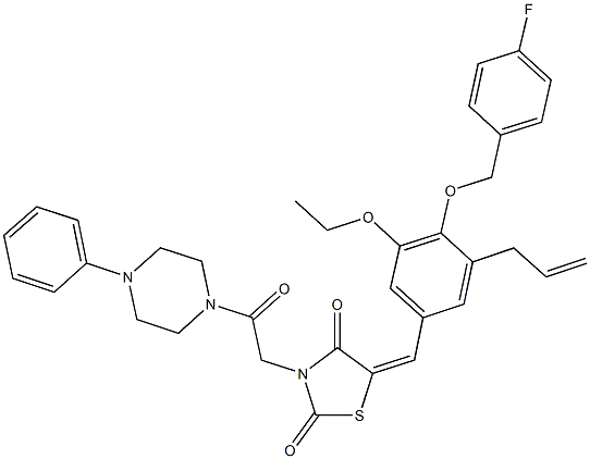 5-{3-allyl-5-ethoxy-4-[(4-fluorobenzyl)oxy]benzylidene}-3-[2-oxo-2-(4-phenylpiperazin-1-yl)ethyl]-1,3-thiazolidine-2,4-dione Struktur