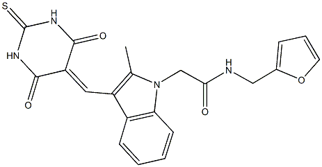 2-{3-[(4,6-dioxo-2-thioxotetrahydro-5(2H)-pyrimidinylidene)methyl]-2-methyl-1H-indol-1-yl}-N-(2-furylmethyl)acetamide Struktur