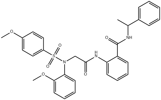 2-[({2-methoxy[(4-methoxyphenyl)sulfonyl]anilino}acetyl)amino]-N-(1-phenylethyl)benzamide Struktur