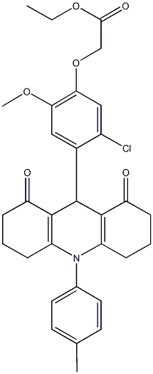 ethyl {5-chloro-2-methoxy-4-[10-(4-methylphenyl)-1,8-dioxo-1,2,3,4,5,6,7,8,9,10-decahydroacridin-9-yl]phenoxy}acetate Struktur
