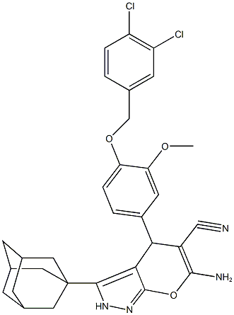 3-(1-adamantyl)-6-amino-4-{4-[(3,4-dichlorobenzyl)oxy]-3-methoxyphenyl}-2,4-dihydropyrano[2,3-c]pyrazole-5-carbonitrile Struktur