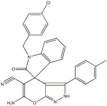 6'-amino-5'-cyano-3'-(4-methylphenyl)-1-(4-chlorobenzyl)-1,2',3,4'-tetrahydrospiro(2H-indole-3,4'-pyrano[2,3-c]pyrazole)-2-one Struktur