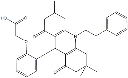 {2-[3,3,6,6-tetramethyl-1,8-dioxo-10-(2-phenylethyl)-1,2,3,4,5,6,7,8,9,10-decahydro-9-acridinyl]phenoxy}acetic acid Struktur