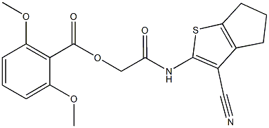2-[(3-cyano-5,6-dihydro-4H-cyclopenta[b]thien-2-yl)amino]-2-oxoethyl 2,6-dimethoxybenzoate Struktur
