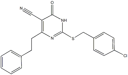 2-[(4-chlorobenzyl)sulfanyl]-6-oxo-4-(2-phenylethyl)-1,6-dihydro-5-pyrimidinecarbonitrile Struktur