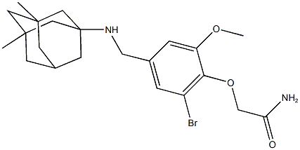 2-(2-bromo-4-{[(3,5-dimethyl-1-adamantyl)amino]methyl}-6-methoxyphenoxy)acetamide Struktur