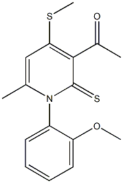 1-[1-(2-methoxyphenyl)-6-methyl-4-(methylsulfanyl)-2-thioxo-1,2-dihydro-3-pyridinyl]ethanone Struktur