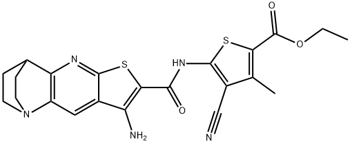 ethyl 5-({[5-amino-7-thia-1,9-diazatetracyclo[9.2.2.0~2,10~.0~4,8~]pentadeca-2(10),3,5,8-tetraen-6-yl]carbonyl}amino)-4-cyano-3-methyl-2-thiophenecarboxylate Struktur
