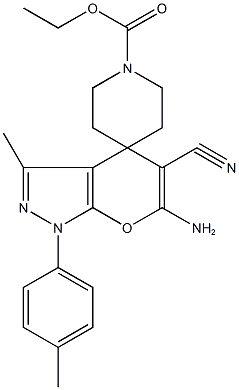 ethyl 6'-amino-5'-cyano-3'-methyl-1'-(4-methylphenyl)-1',4'-dihydrospiro(piperidine-4,4'-pyrano[2,3-c]pyrazole)-1-carboxylate Struktur