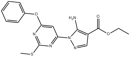 ethyl 5-amino-1-[2-(methylsulfanyl)-6-phenoxy-4-pyrimidinyl]-1H-pyrazole-4-carboxylate Struktur