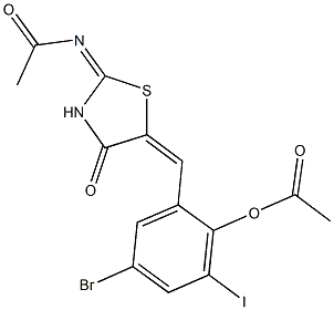 2-{[2-(acetylimino)-4-oxo-1,3-thiazolidin-5-ylidene]methyl}-4-bromo-6-iodophenyl acetate Struktur