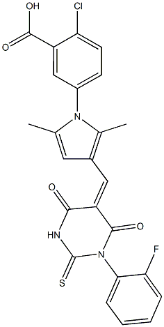 2-chloro-5-{3-[(1-(2-fluorophenyl)-4,6-dioxo-2-thioxotetrahydro-5(2H)-pyrimidinylidene)methyl]-2,5-dimethyl-1H-pyrrol-1-yl}benzoic acid Struktur