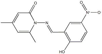1-({2-hydroxy-5-nitrobenzylidene}amino)-4,6-dimethylpyridin-2(1H)-one Struktur