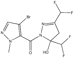 1-[(4-bromo-1-methyl-1H-pyrazol-5-yl)carbonyl]-3,5-bis(difluoromethyl)-4,5-dihydro-1H-pyrazol-5-ol Struktur