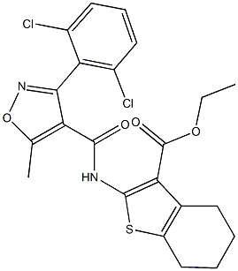 ethyl 2-({[3-(2,6-dichlorophenyl)-5-methyl-4-isoxazolyl]carbonyl}amino)-4,5,6,7-tetrahydro-1-benzothiophene-3-carboxylate Struktur