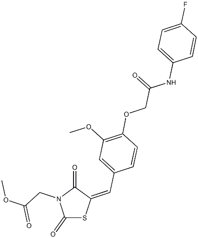 methyl (5-{4-[2-(4-fluoroanilino)-2-oxoethoxy]-3-methoxybenzylidene}-2,4-dioxo-1,3-thiazolidin-3-yl)acetate Struktur