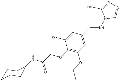 2-(2-bromo-6-ethoxy-4-{[(3-sulfanyl-4H-1,2,4-triazol-4-yl)amino]methyl}phenoxy)-N-cyclohexylacetamide Struktur