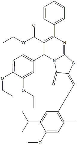 ethyl 5-(3,4-diethoxyphenyl)-2-(5-isopropyl-4-methoxy-2-methylbenzylidene)-3-oxo-7-phenyl-2,3-dihydro-5H-[1,3]thiazolo[3,2-a]pyrimidine-6-carboxylate Struktur